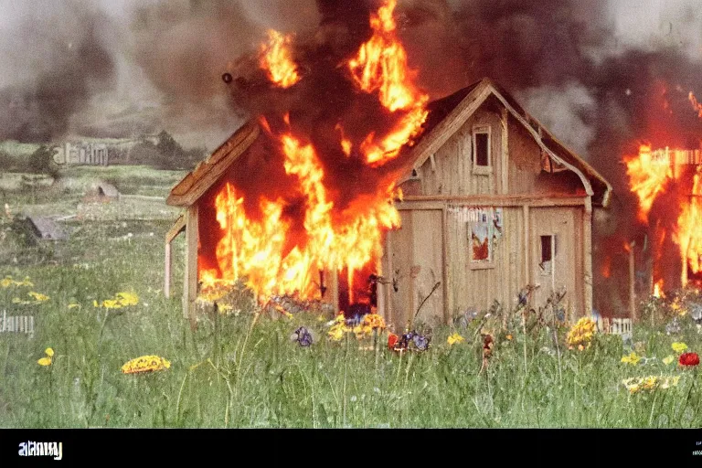 Image similar to vhs 1 9 8 0 s footage of a scene from the movie midsommar a - line shaped wooden building on fire, field of flowers