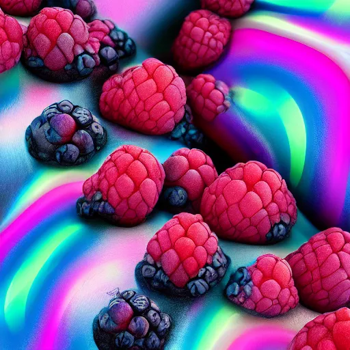 Image similar to raspberry, blueberry, vanilla smoothie explosion, intricate complexity, inverted neon rainbow drip paint, trending on art station, photoreal, 8 k, octane render