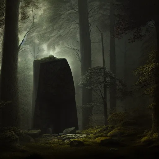 Prompt: an old megalithic artifact overtaken by nature, deep in the forest, eerie atmosphere, by rembrandt and max hay, intricate, detailed, photorealistic imagery, artstation