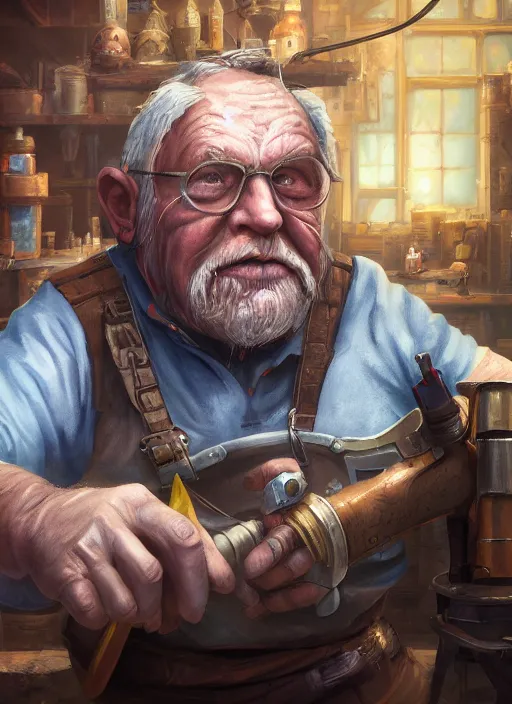 Prompt: An epic fantasy comic book style portrait painting of a an old tinker fat man working on a device in her workshop, unreal 5, DAZ, hyperrealistic, octane render, cosplay, RPG portrait, dynamic lighting