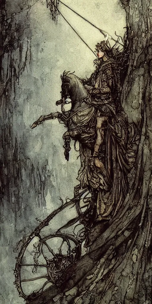 Image similar to tarot card detailed painting, illustration, colorful, tarot card ornate framing with roman numerals, in style of Arthur Rackham, Jakub Różalski