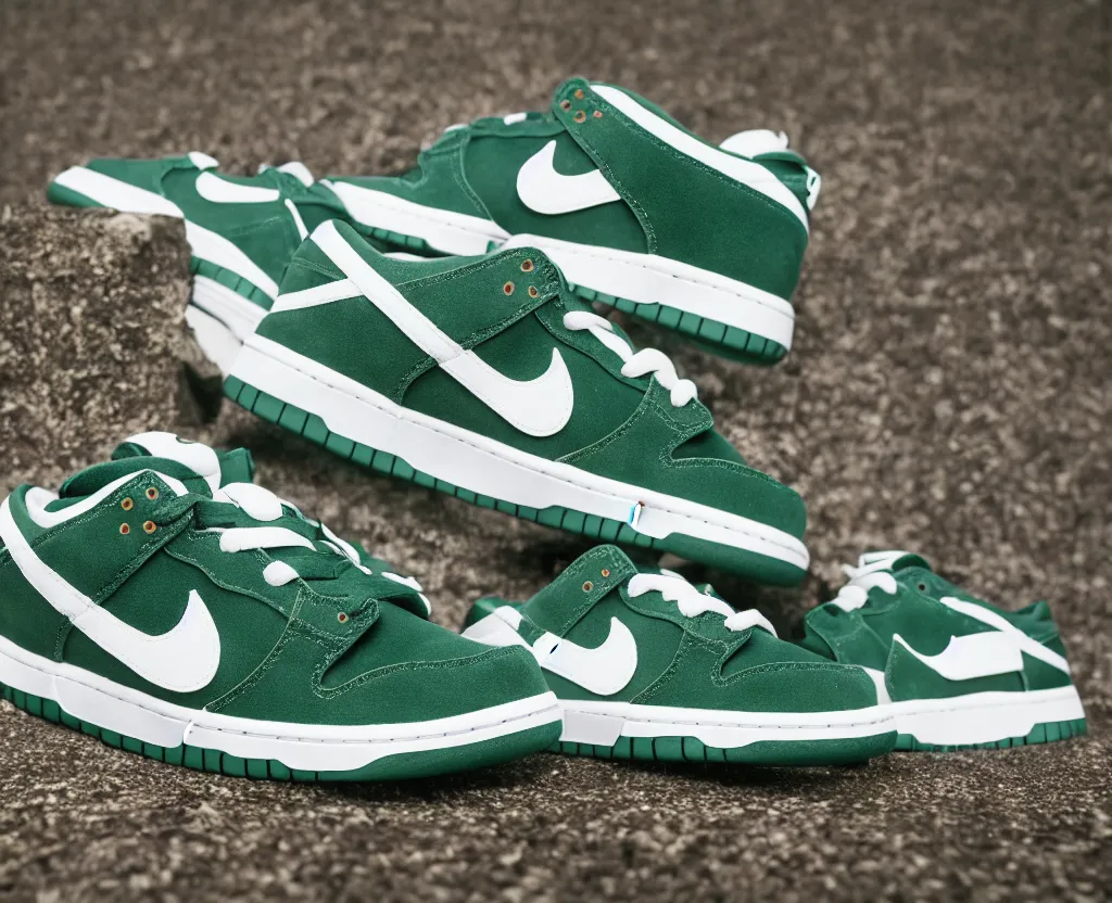 Image similar to a press photograph of nike dunks low pine green and white, size 1 0, white background