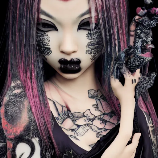 Image similar to japanese gothic model with maximalist hair style and kanji tattoos, dark colors, fashion model, portrait shot, depth of field, 8 k, hyper detailed, intricate, trending on artstation