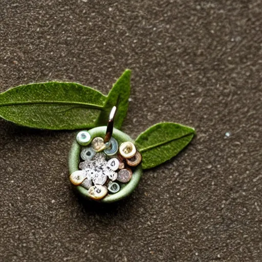 Prompt: a detailed product photograph of a tiny magical charm enchantment that bestows abundance and playfulness and that friday feeling, made with tiny delica beads and glitter thread and herbs, organic olive green tones, light leaks