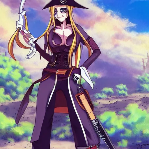 Prompt: Painting of a female anime pirate captain in the middle of a desert, anime contour shading