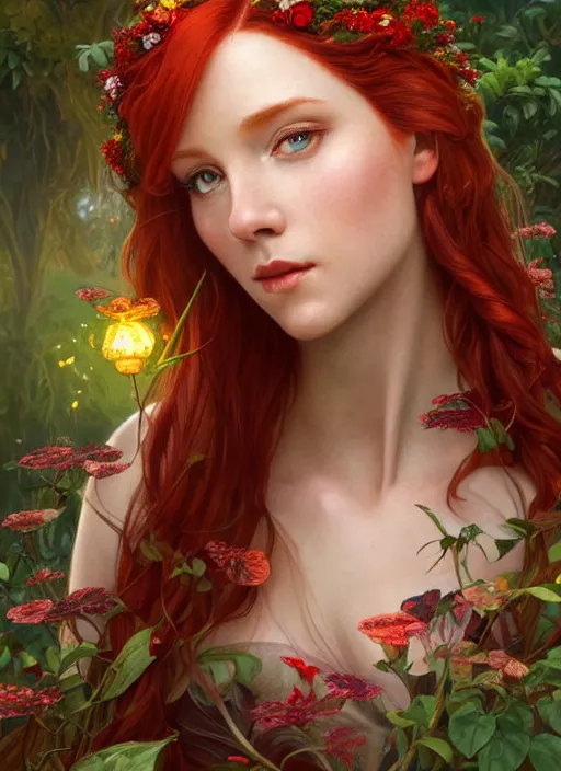 Prompt: a beautiful red haired woman as a fairy princess in a garden holding a wreath, deep focus, d & d, fantasy, intricate, elegant, highly detailed, digital painting, artstation, concept art, matte, sharp focus, illustration, hearthstone, art by artgerm and greg rutkowski and alphonse mucha