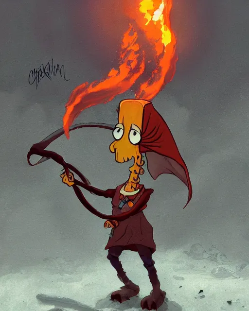 Image similar to squidward ( anthropomorphic squid ) wearing fire nation clothing and practicing firebending outside at susnset, [ greg rutkowski ]