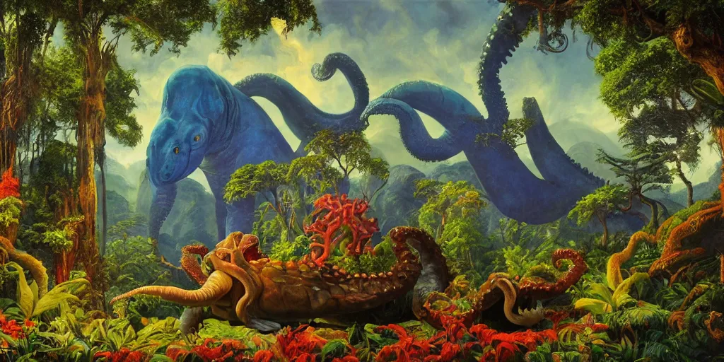 Image similar to fantasy oil painting, great leviathan, turtle cephalopod terrapin reptilian pachyderm amphibian hybrid, epic natural light, lush plants flowers, rainforest mountains, bright clouds, luminous sky, outer worlds, dynamic lighting, michael cheval, edward hopper, michael whelan, vray, 8 k hd