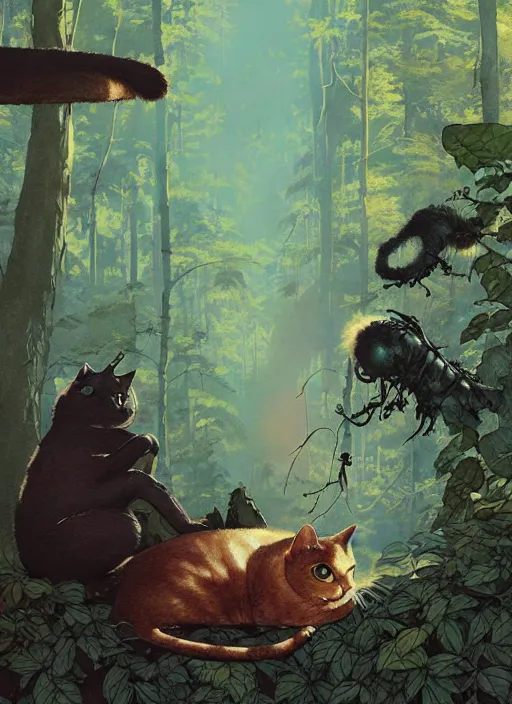 Image similar to a hyper realistic ink cat alien technology and sunbeams blue sky, lush forest foliage painting by chiara bautista and norman rockwell and greg rutkowski weta studio, and lucasfilm