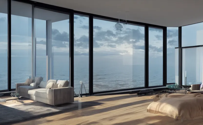 Image similar to a interior photo of a furnished modern house with a large window with view to the sea at sunset, octane render, unreal engine 5, godrays, ray tracing, hyperrealistic, full of luxury furniture, calm, relaxing, complementary colors, warm lighting, clouds in the sky, concept art, 4k, high quality, highly detailed, trending on DeviantArt, beautiful