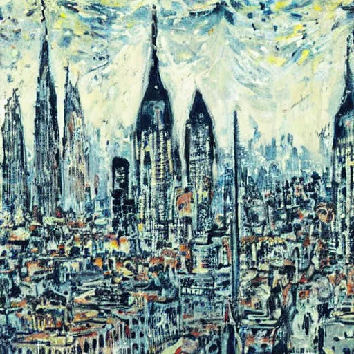 Prompt: A beautiful print of a cityscape with tall spires and delicate bridges. grey by Jackson Pollock angular