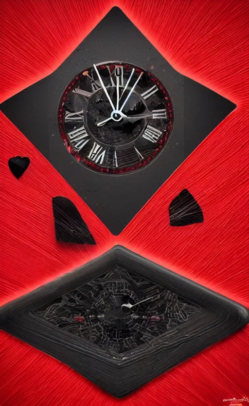 Image similar to a melting Roman numeral clock, behind a red and black gradient background, awith a black heart shaped on the top left corner and a black diamond card shape in the bottom right corner, dynamic lighting, photorealistic fantasy concept art, trending on art station, stunning visuals, cinematic, creative, ultra detailed