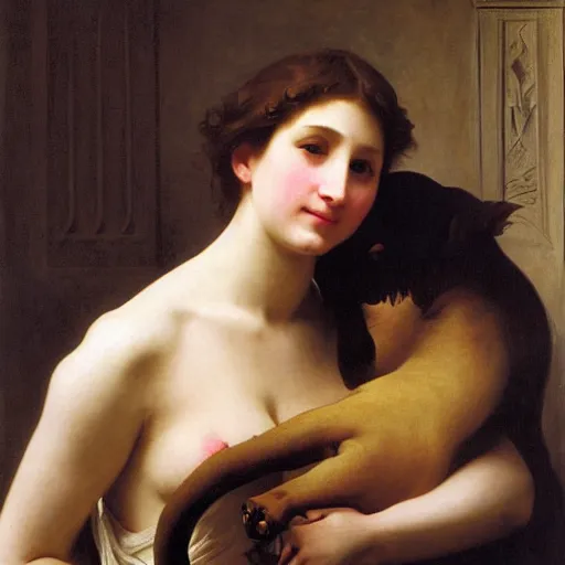 Image similar to portrait of a woman and her giant monster pet, by william - adolphe bouguereau