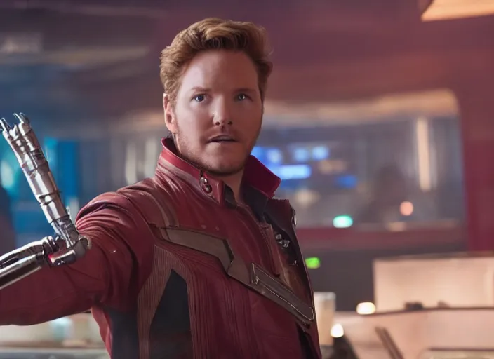 Prompt: film still of Star Lord working at McDonald's in the new Guardians of the Galaxy movie, 4k
