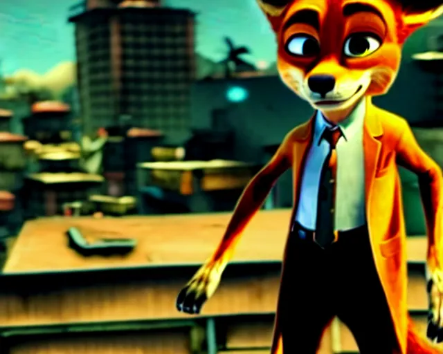 Image similar to nick wilde as max payne in max payne 3 set in gritty neo - noir zootopia, favela / furvela shootout