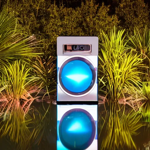 Image similar to 4 k polaroid wide angle photo of a giant stainless steel reflective boombox speaker, half submerged in water, in a desert oasis lake, at dusk, with neon lighting