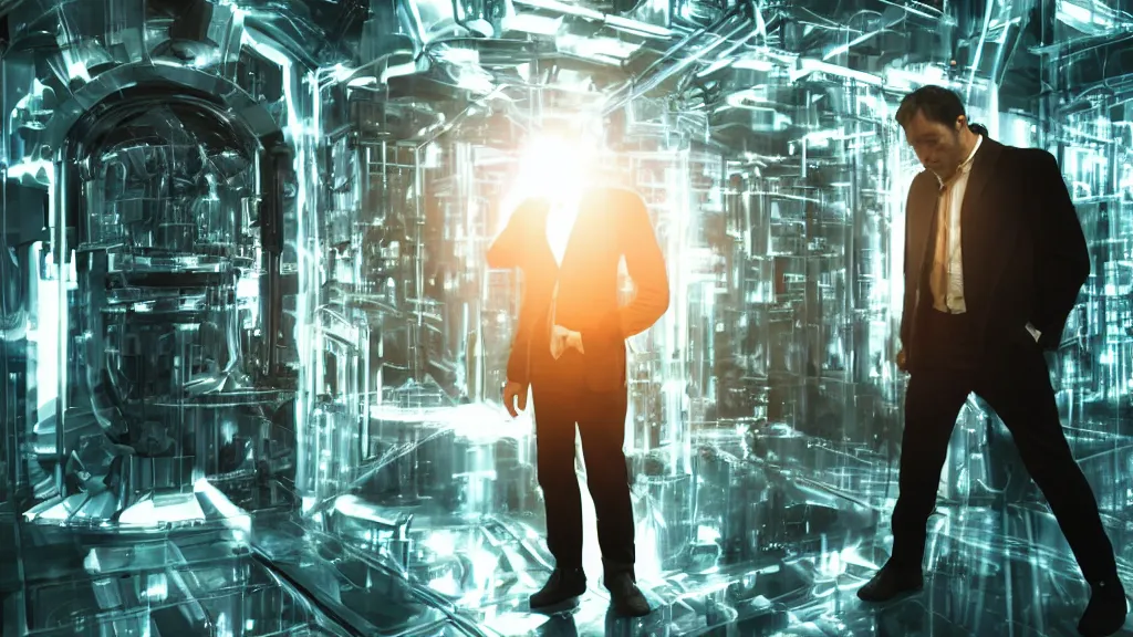 Image similar to movie scene of a man standing in front of a multiverse machine, movie still, cinematic composition, cinematic light, by andrzej zuławski