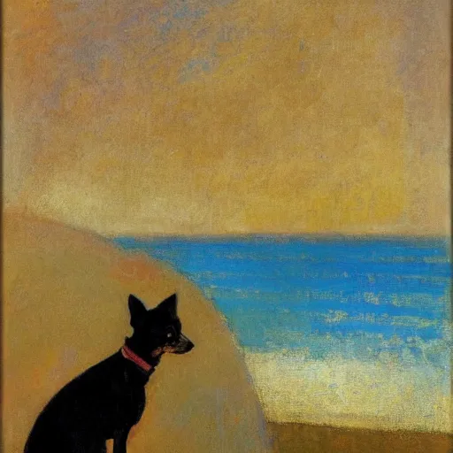 Prompt: a woman and her black and brown chihuahua looking out to sea by odilon redon