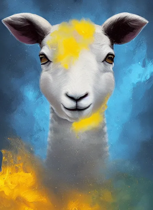 Image similar to a painting of a lamb's face with blue and yellow smoke coming out of, a digital painting by petros afshar, behance contest winner, digital art, behance hd, digital illustration, digital painting