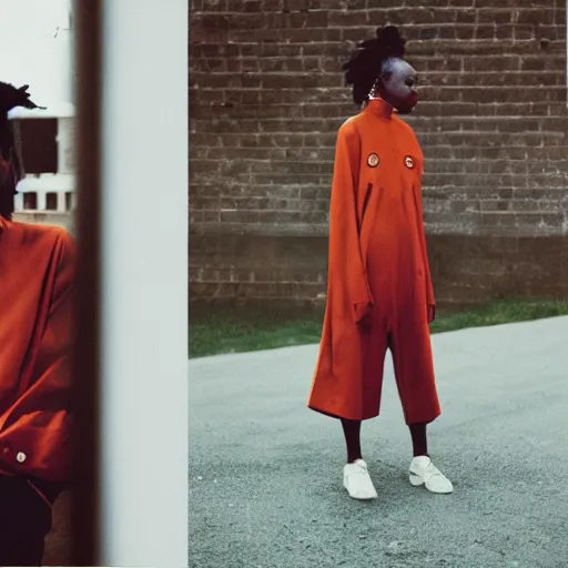 Image similar to realistic photoshooting for a new heliot emil lookbook, color film photography, photo of a woman, photo in style of tyler mitchell, 3 5 mm, featured on vogue