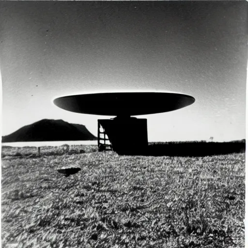 Image similar to polaroid photograph of ufo taken, hanebau, 1 9 5 0 s, black and white, blurry