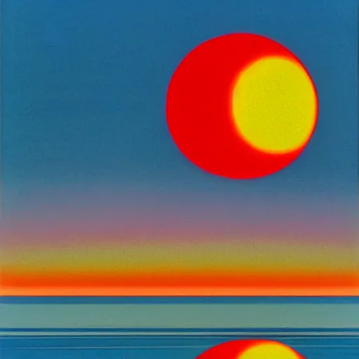 Prompt: hiroshi nagai painting. the sun has a face with many eyes and teeth. seen through the fog