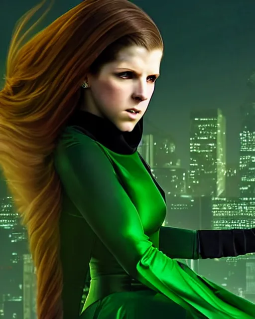 Prompt: Dan LuVisi art, cinematics lighting, beautiful Anna Kendrick supervillain, green dress with a black hood, angry, symmetrical face, Symmetrical eyes, full body, flying in the air over city, night time, red mood in background