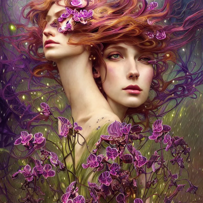 Image similar to psychedelic organic cyborg orchid in heavy wind and rain, diffuse lighting, fantasy, intricate, elegant, highly detailed, lifelike, photorealistic, digital painting, artstation, illustration, concept art, smooth, sharp focus, art by John Collier and Albert Aublet and Krenz Cushart and Artem Demura and Alphonse Mucha