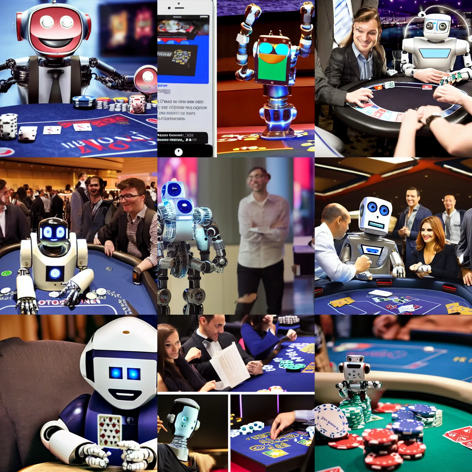 Prompt: <robot attention-grabbing traits='very-smart' location='las vegas convention center'>robot reacts to winning poker game</robot>
