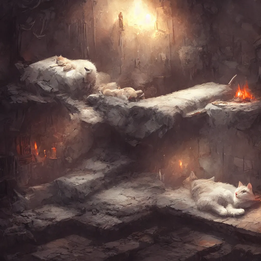 Image similar to cat laying on bed in under ground base, concept art, by greg rutkowski, fire, ice