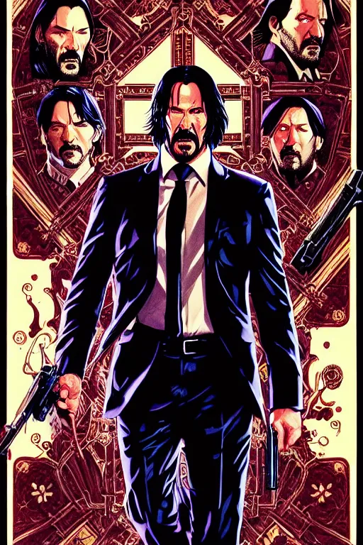 Image similar to poster of john wick, by yoichi hatakenaka, masamune shirow, josan gonzales and dan mumford, ayami kojima, takato yamamoto, barclay shaw, karol bak, yukito kishiro