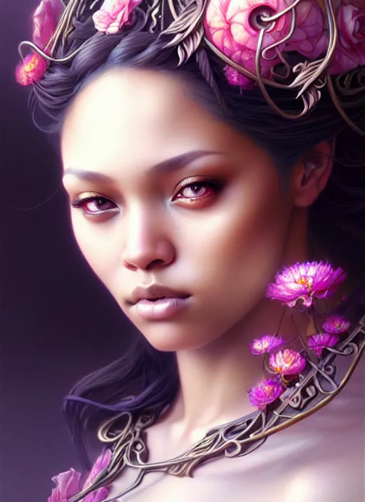 Prompt: Hyperrealistic beautiful sexy ethereal mulatto girl portrait, art nouveau, fantasy, intricate flower designs, elegant, highly detailed, sharp focus, art by Artgerm and Greg Rutkowski and WLOP