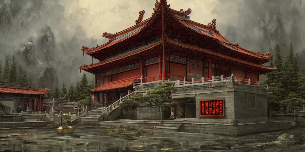 Image similar to a cyberpunk style chinese temple, by ivan shishkin, by james gurney, detailed, atmospheric, 8 k