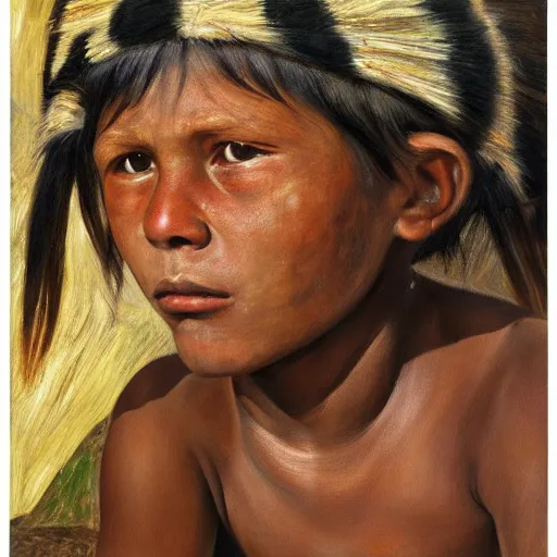 Prompt: high quality high detail painting by lucian freud, hd, portrait of a indigenous tribe girl, photorealistic lighting