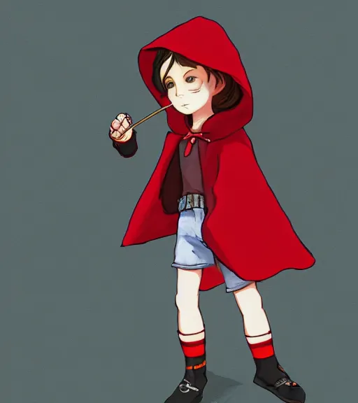 Image similar to attractive little boy character inspired in little red riding hood and kris from deltarune, digital artwork made by akihiko yoshida and makoto shinkai