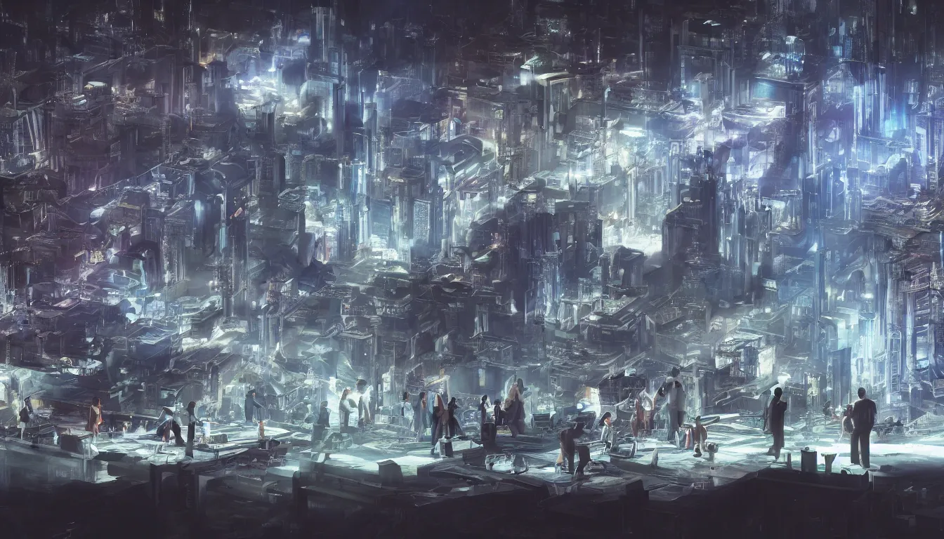 Image similar to large group people in a huge warehouse, looking at hologram of futuristic city on a table | cinematic concept art | godrays | 4 k | clear details | tabletop model | tabletop | hologram foreground