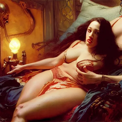 Image similar to vin diesel is in his bed, nervous and terrified, because kat dennings from hell is attacking him. highly detailed painting by gaston bussiere, j. c. leyendecker, greg rutkowski, craig mullins 8 k