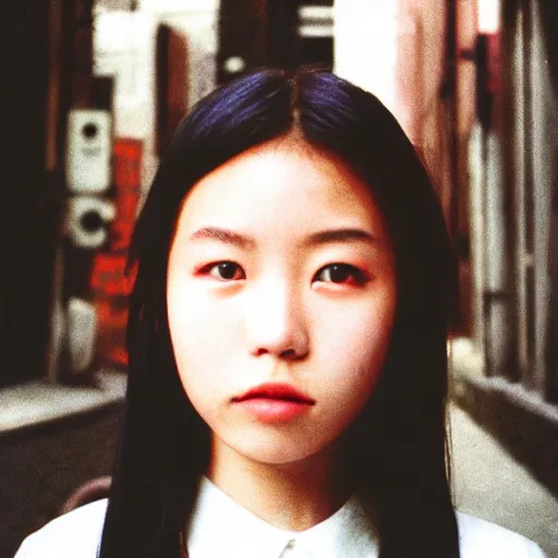 Image similar to 1990s perfect 8K HD professional photo of close-up japanese schoolgirl posing in sci-fi dystopian alleyway, at instagram, Behance, Adobe Lightroom, with instagram filters, depth of field, taken with polaroid kodak portra