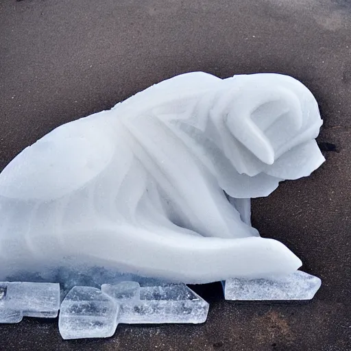 Image similar to A melting ice sculpture of a sad puppy, photography