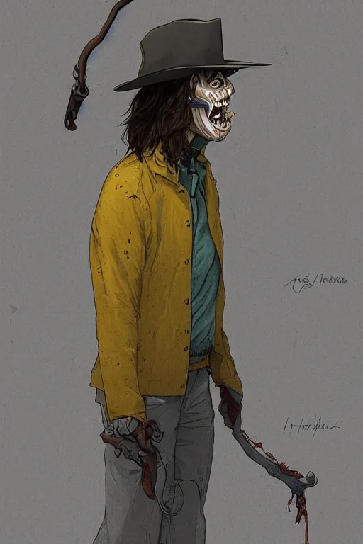 Image similar to the man in the yellow hat in sleepy hollow, full body, big two toned eyes, teeth gritted, horror, intricate details, cinematic, epic, realistic, anatomy, tomer hanuka, uplight, artstation, photorealistic, scary