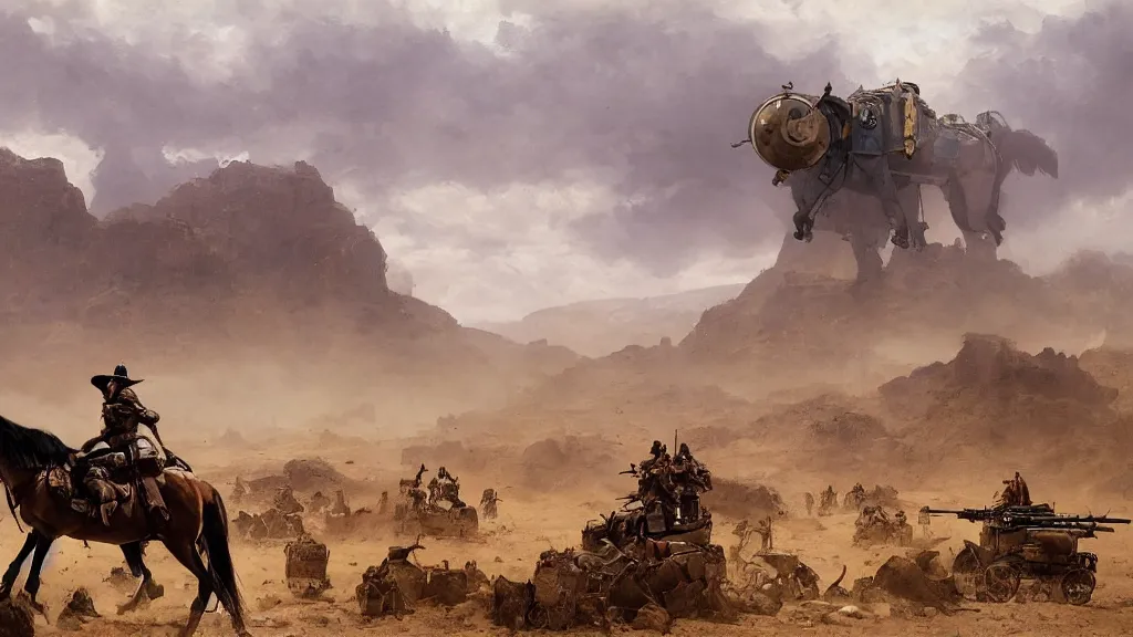 Image similar to a person riding a horse in the desert in the foreground, a battle between soldiers and 1920's bipedal mechs in the distance, mountains in the background, a large steampunk airship patrolling above, painted by Jakub Rozalski