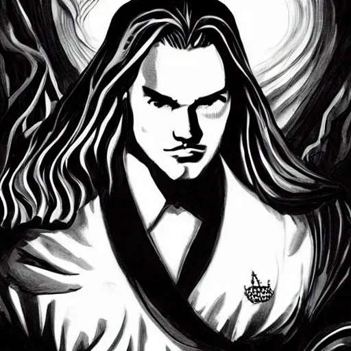 Prompt: black and white pen and ink!!!!!!! Twin Peaks Black Lodge goetic vampire Leonardo Di Caprio handsome robes flowing royal hair golden!!!! Vagabond!!!!!!!! floating magic swordsman!!!! glides through a beautiful!!!!!!! liquid magic floral crystal battlefield dramatic esoteric!!!!!! Long hair flowing dancing illustrated in high detail!!!!!!!! by Moebius and Hiroya Oku!!!!!!!!! graphic novel published on 2049 award winning!!!! full body portrait!!!!! action exposition manga panel black and white Shonen Jump issue by David Lynch eraserhead and beautiful line art Hirohiko Araki!! Rossetti, Millais, Mucha, Jojo's Bizzare Adventure