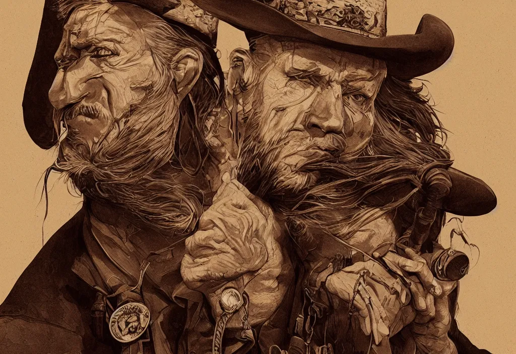 Image similar to handmade illustration of a portrait of an archetypical Old West cowboy, male, detailed face, anatomically correct, line art, ink, watercolor by Kilian Eng and by Jake Parker, winning-award masterpiece, fantastic, octane render, 8K HD Resolution, High quality image