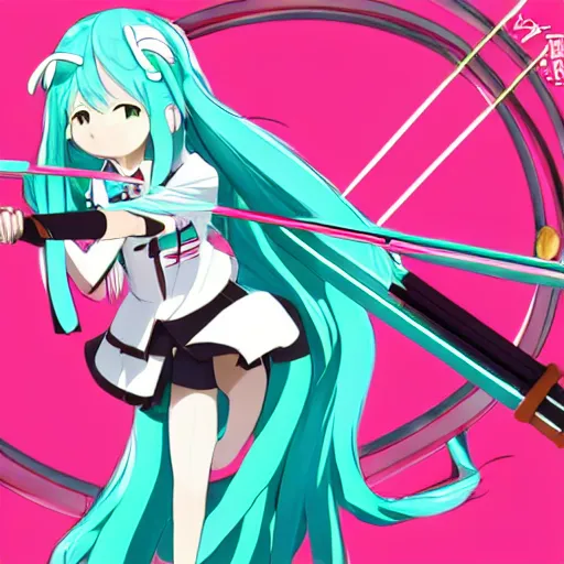 Image similar to Hatsune Miku is archery,handsome anime pose, anime full body illustration, 8K, best anime character design, Official character illustration,Popular on Pixiv