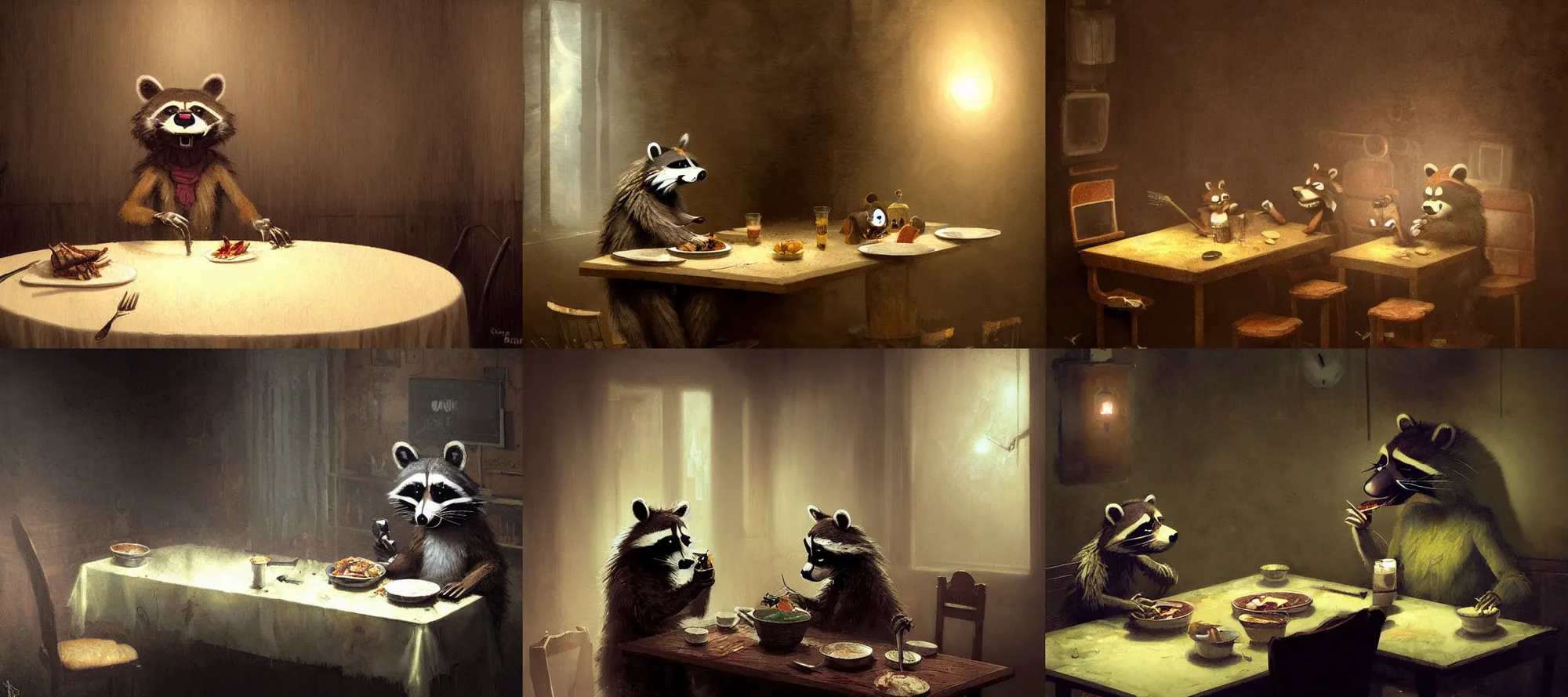 Prompt: animatronic raccoon fnaf silent hill eating dinner at a table in the backrooms happiness is temporary by greg rutkowski