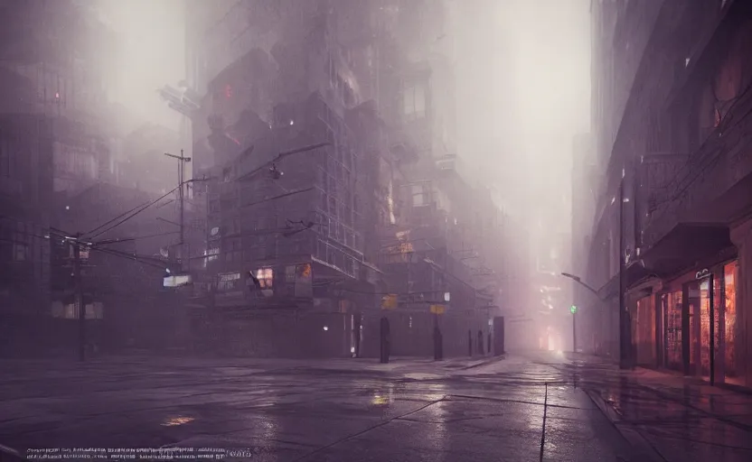 Prompt: street city at night, gloomy and foggy atmosphere, octane render, rembrandt, cgsociety, artstation trending, horror scene, highly detailded