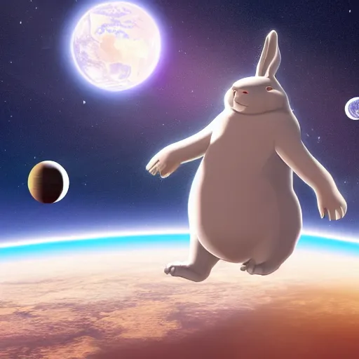 Prompt: big chungus in space next to the planet Earth, digital art, highly-detailed artstation cgsociety