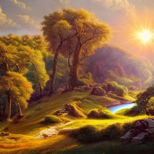 Image similar to a royal landscape, sumptuous, outstanding beauty, hills trees, stream, clouds, birds, sun rays, dramatic, ecstatic, surrealism