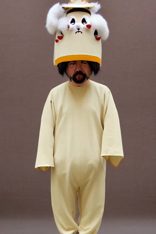 Image similar to 35mm of a very cute, simple minimal, adorable and creative Japanese momonga mascot character costume, full body and head view, very magical and dreamy, designed by Gucci and Wes Anderson, kawaii, magical details