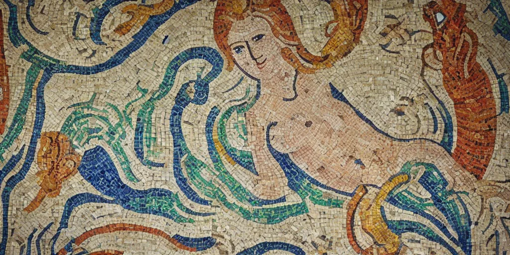 Image similar to ancient roman mosaic of beautiful gingerhead mermaid with long tail, dolphins, fishes, stylised, detailed, dynamic light